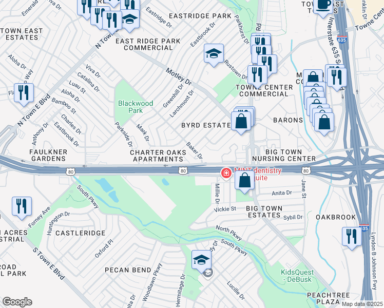 map of restaurants, bars, coffee shops, grocery stores, and more near 1809 Baker Drive in Mesquite
