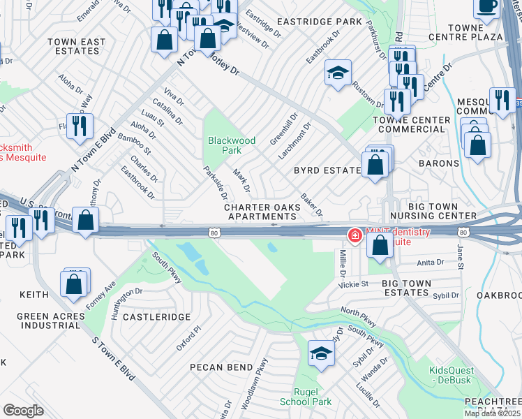 map of restaurants, bars, coffee shops, grocery stores, and more near 2735 U.S. 80 Frontage Road in Mesquite