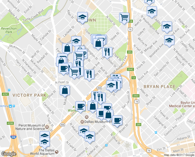 map of restaurants, bars, coffee shops, grocery stores, and more near Dallas North Tollway in Dallas