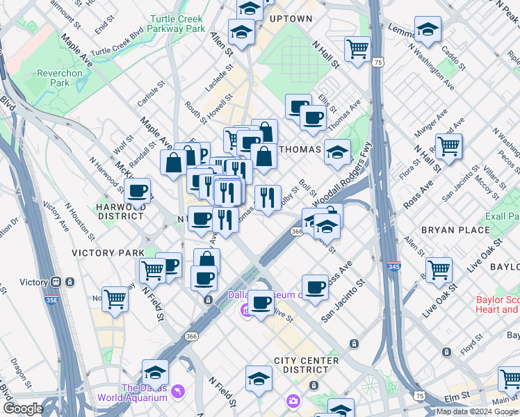 map of restaurants, bars, coffee shops, grocery stores, and more near 7 Maple-Routh Connection in Dallas