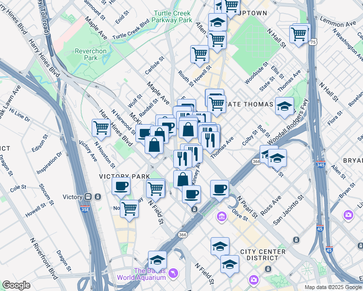 map of restaurants, bars, coffee shops, grocery stores, and more near 2535 North Pearl Street in Dallas