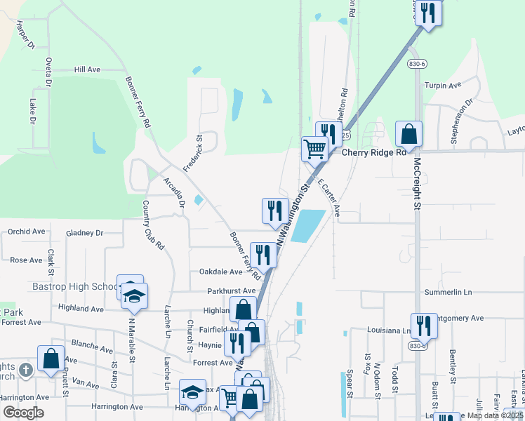 map of restaurants, bars, coffee shops, grocery stores, and more near 422 Northwood Drive in Bastrop