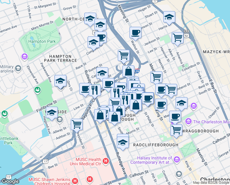 map of restaurants, bars, coffee shops, grocery stores, and more near in Charleston