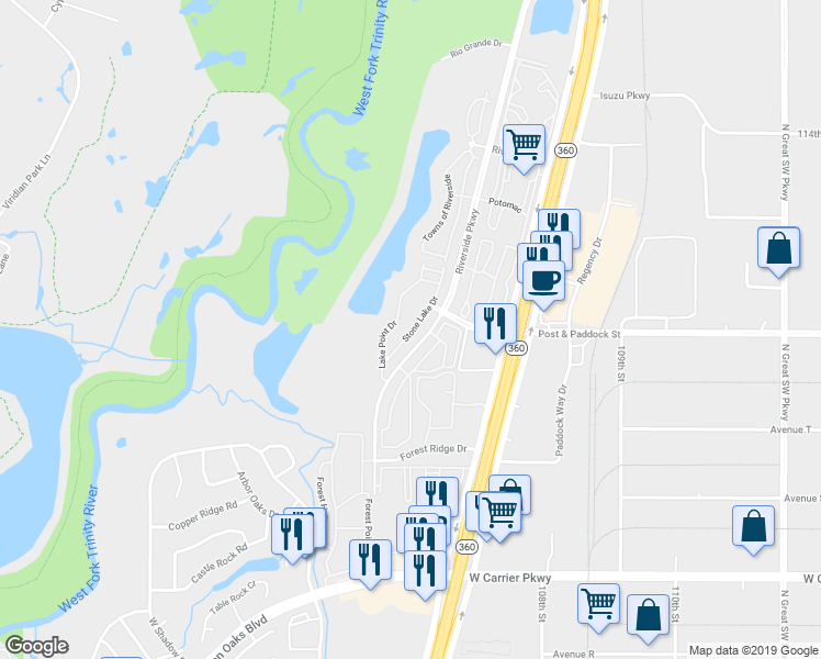 map of restaurants, bars, coffee shops, grocery stores, and more near 2635 Stone Lake Drive in Grand Prairie