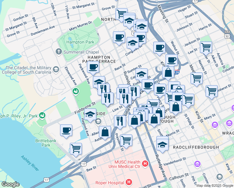 map of restaurants, bars, coffee shops, grocery stores, and more near 193 Fishburne Street in Charleston