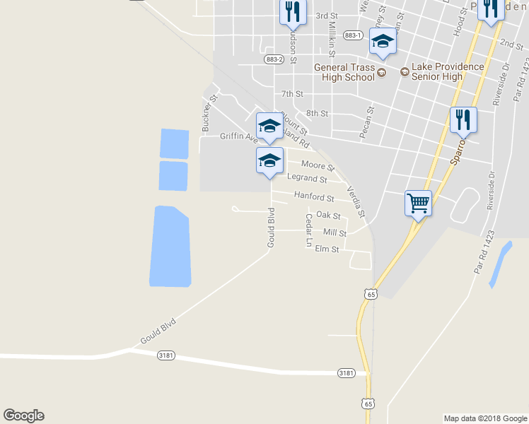 map of restaurants, bars, coffee shops, grocery stores, and more near 1404 Mike Avenue in Lake Providence