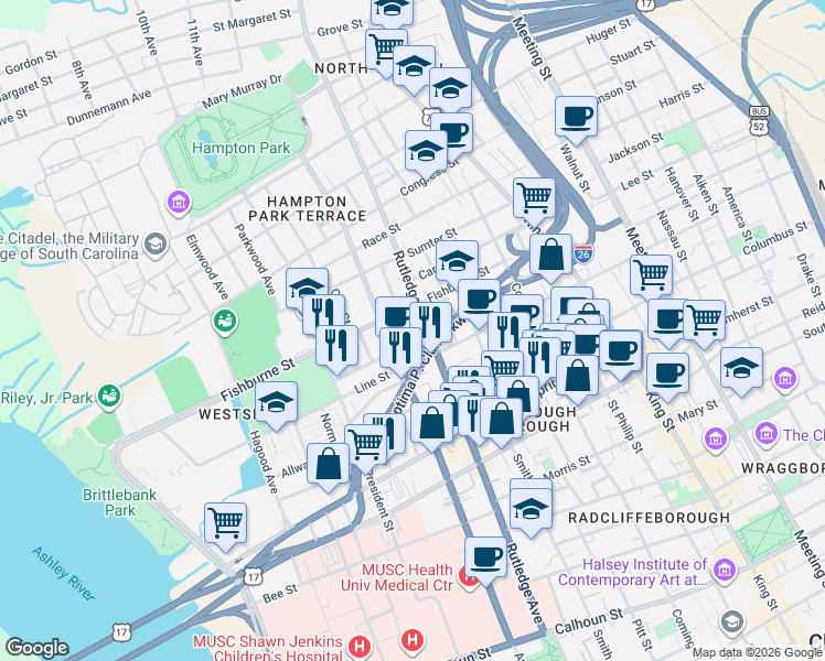 map of restaurants, bars, coffee shops, grocery stores, and more near 20 Nunan Street in Charleston