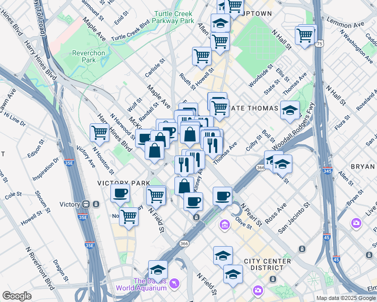 map of restaurants, bars, coffee shops, grocery stores, and more near 300 Crescent Court in Dallas