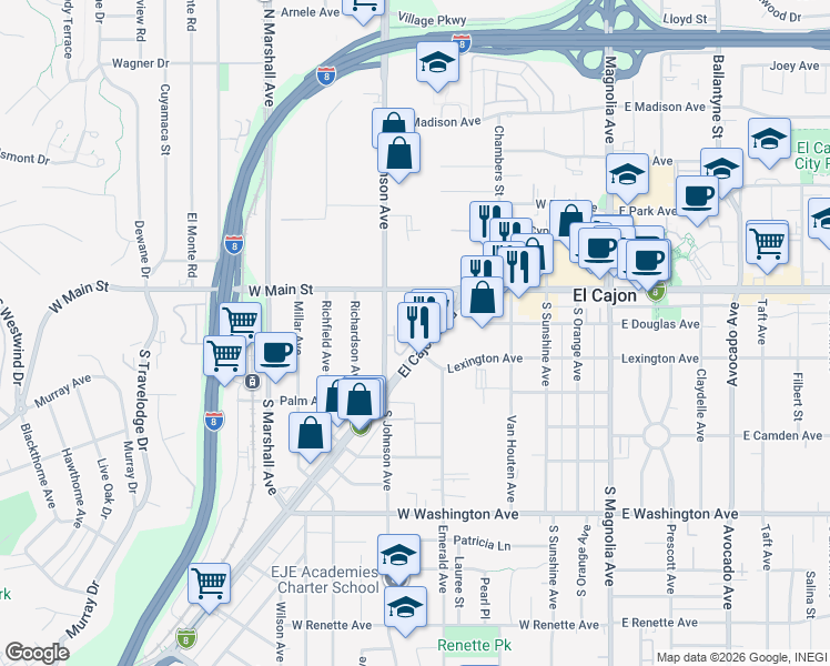 map of restaurants, bars, coffee shops, grocery stores, and more near 520 Cobblestone Court in El Cajon
