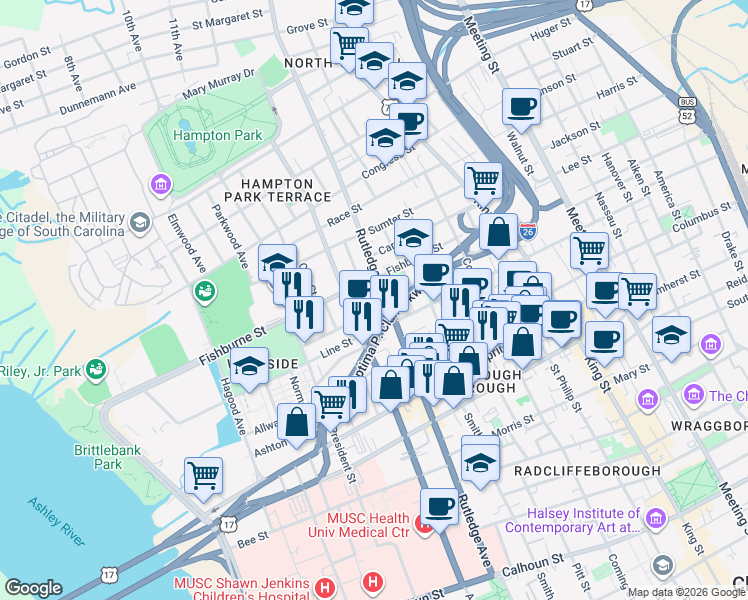 map of restaurants, bars, coffee shops, grocery stores, and more near 20 Nunan Street in Charleston