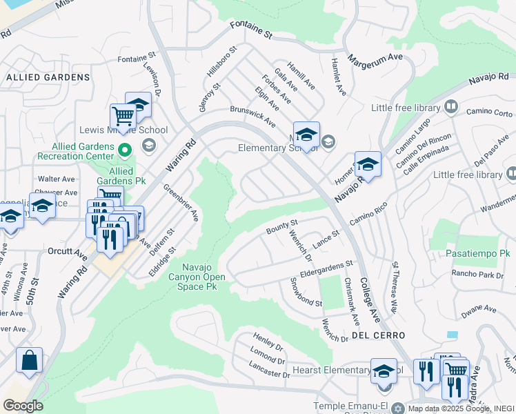 map of restaurants, bars, coffee shops, grocery stores, and more near 5693 Easton Avenue in San Diego