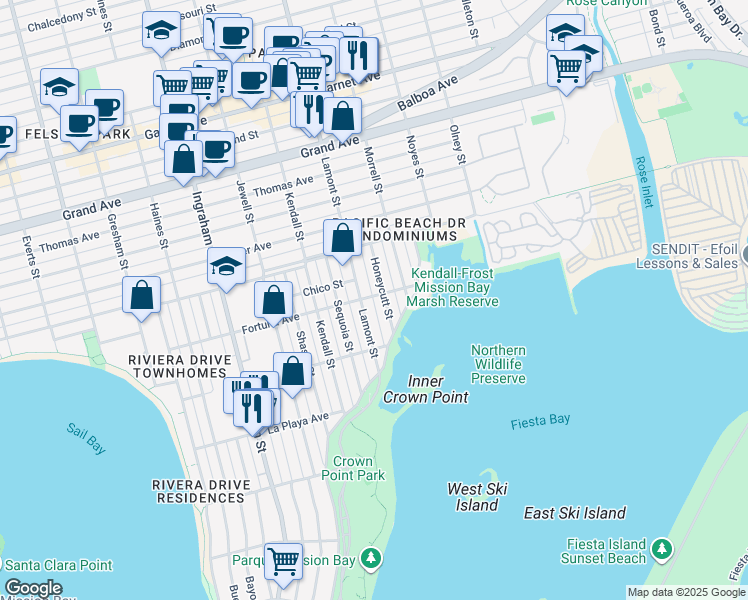 map of restaurants, bars, coffee shops, grocery stores, and more near 3967 Lamont Street in San Diego