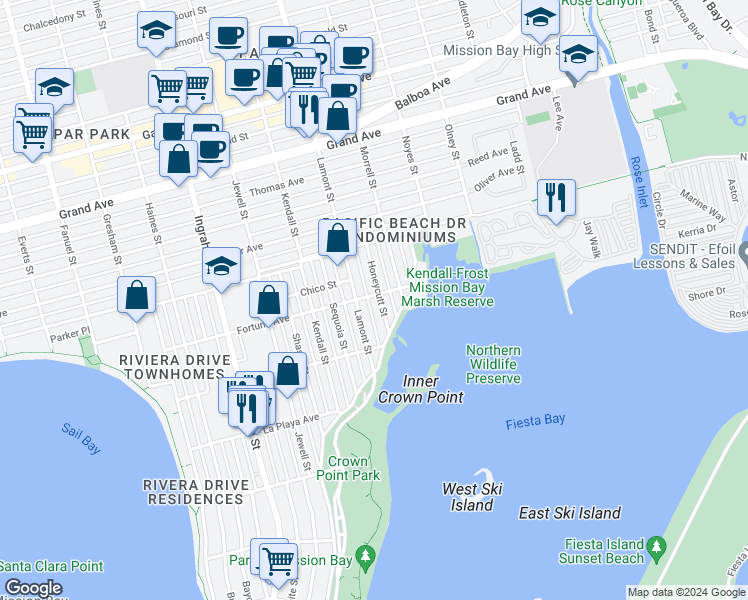 map of restaurants, bars, coffee shops, grocery stores, and more near 3992 Honeycutt Street in San Diego