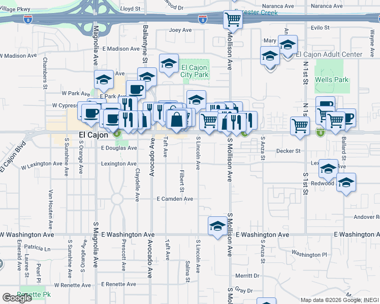 map of restaurants, bars, coffee shops, grocery stores, and more near 222 South Lincoln Avenue in El Cajon