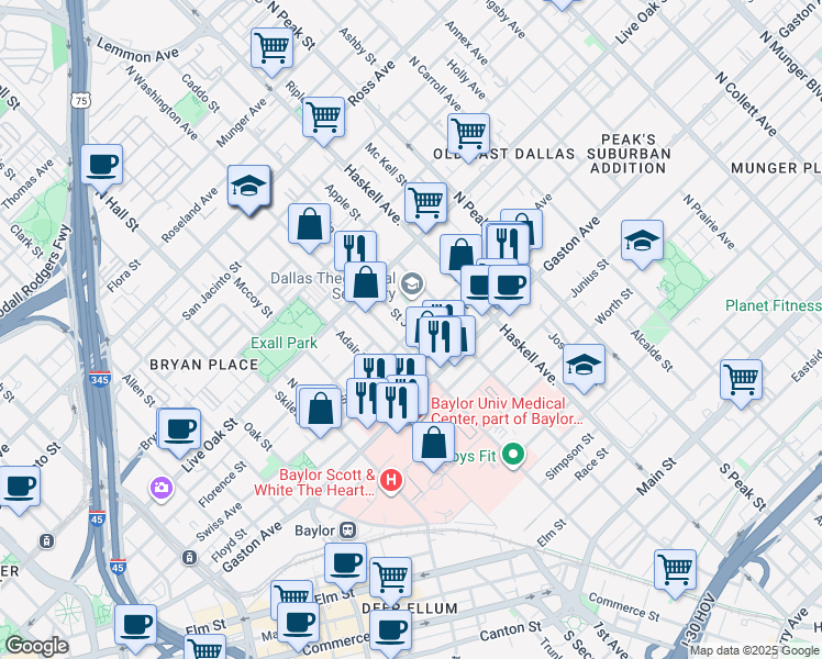 map of restaurants, bars, coffee shops, grocery stores, and more near 1107 Saint Joseph Street in Dallas