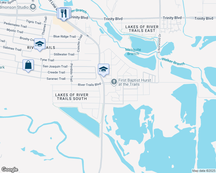 map of restaurants, bars, coffee shops, grocery stores, and more near 2550 South Precinct Line Road in Fort Worth