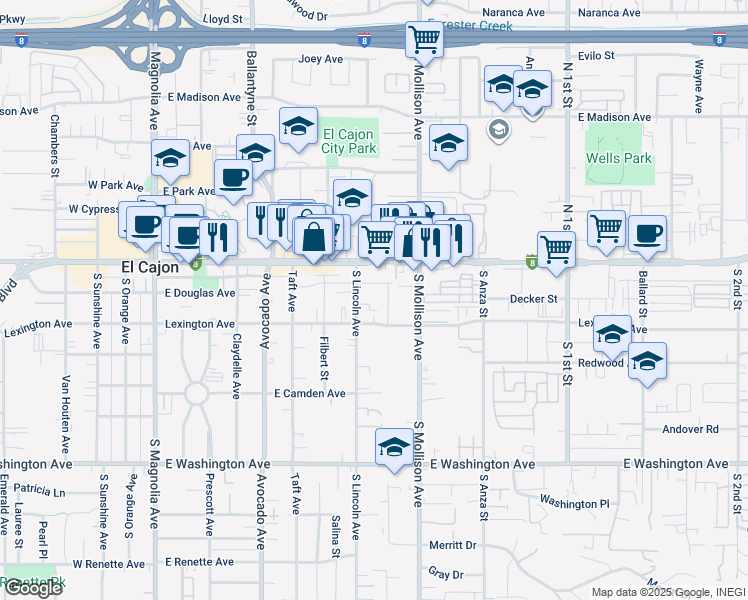 map of restaurants, bars, coffee shops, grocery stores, and more near 215 South Lincoln Avenue in El Cajon