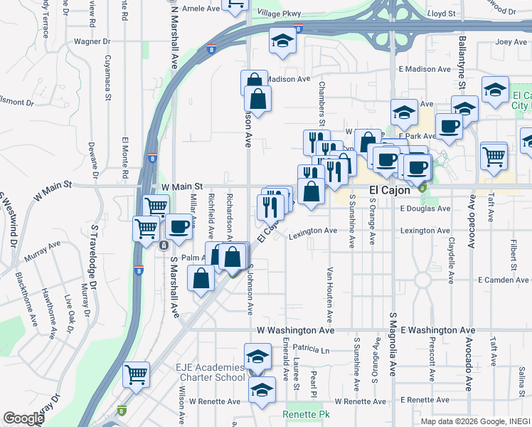 map of restaurants, bars, coffee shops, grocery stores, and more near 520 Cobblestone Court in El Cajon