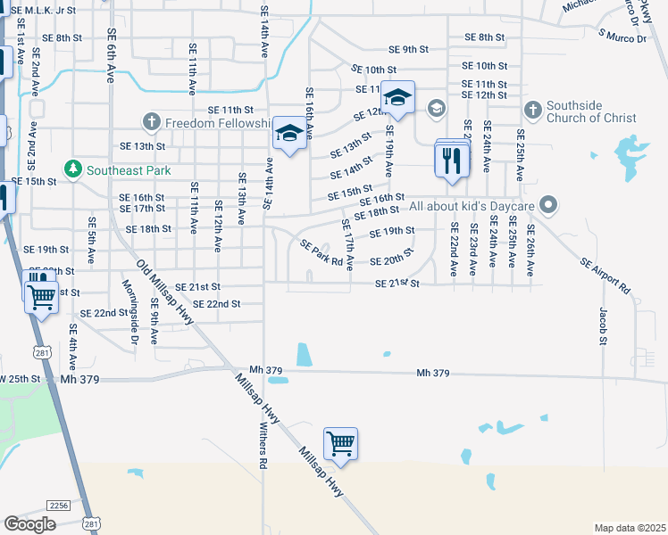 map of restaurants, bars, coffee shops, grocery stores, and more near 1708 Southeast Park Road in Mineral Wells