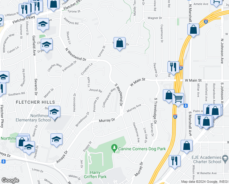 map of restaurants, bars, coffee shops, grocery stores, and more near 275 Hihill Way in El Cajon