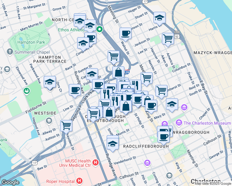 map of restaurants, bars, coffee shops, grocery stores, and more near 13 Bogard Street in Charleston