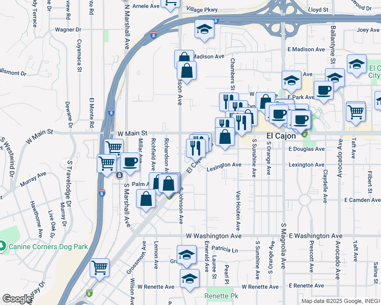 map of restaurants, bars, coffee shops, grocery stores, and more near 540 Cobblestone Court in El Cajon
