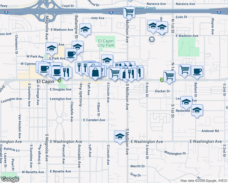 map of restaurants, bars, coffee shops, grocery stores, and more near 732 Lexington Avenue in El Cajon