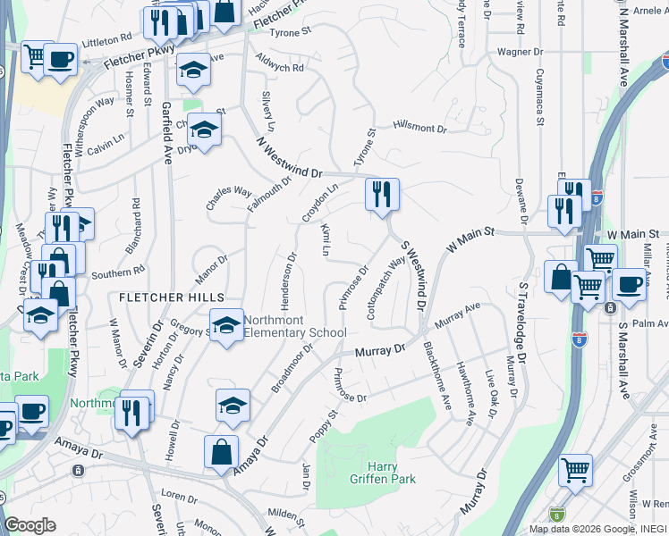 map of restaurants, bars, coffee shops, grocery stores, and more near 6292 Broadmoor Drive in La Mesa