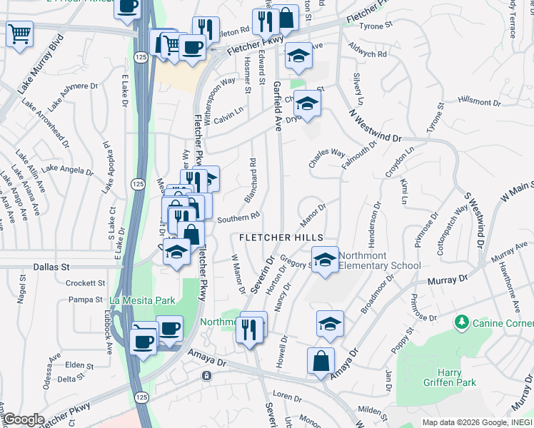 map of restaurants, bars, coffee shops, grocery stores, and more near 6262 Dixie Drive in La Mesa