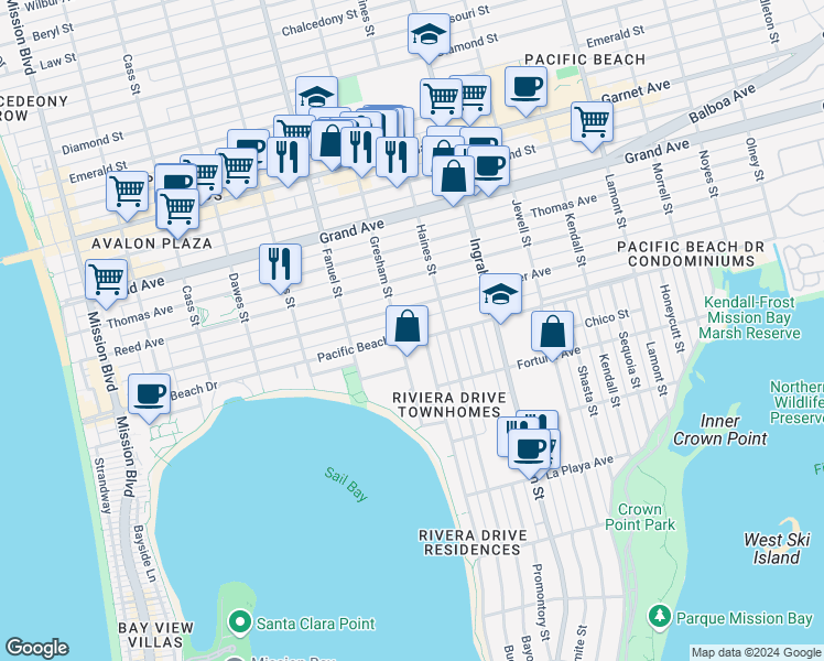 map of restaurants, bars, coffee shops, grocery stores, and more near 1369 Pacific Beach Drive in San Diego