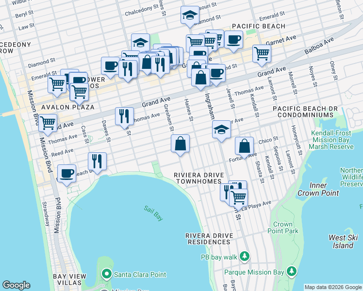 map of restaurants, bars, coffee shops, grocery stores, and more near 1369 Pacific Beach Drive in San Diego