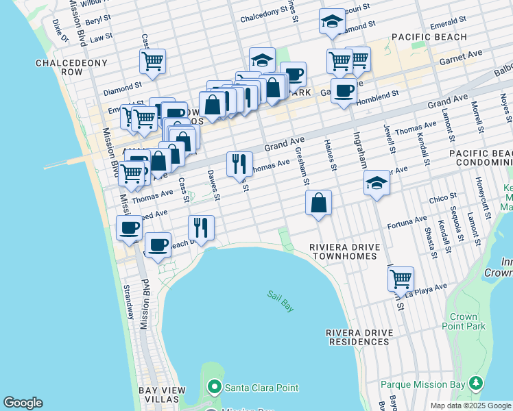 map of restaurants, bars, coffee shops, grocery stores, and more near 1220 Pacific Beach Drive in San Diego