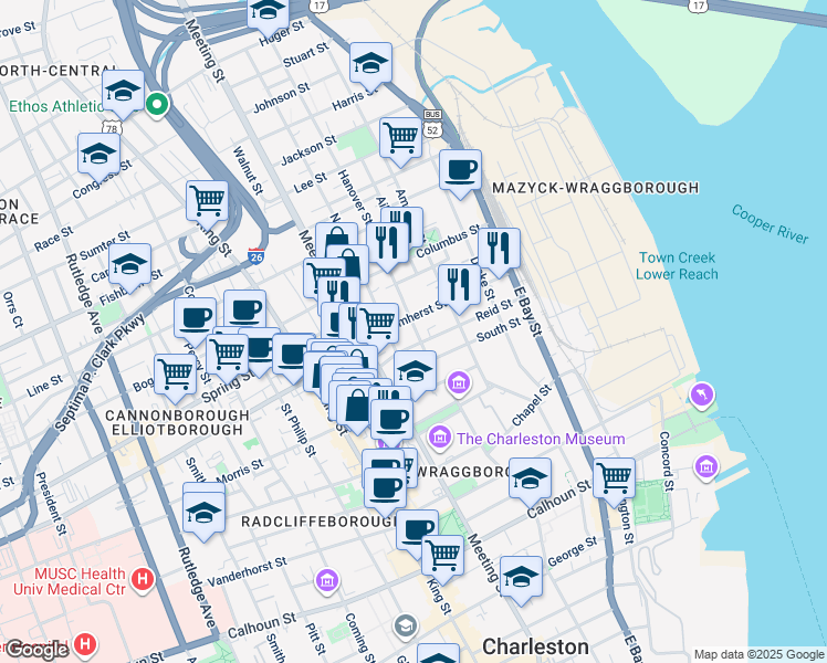 map of restaurants, bars, coffee shops, grocery stores, and more near 51 Reid Street in Charleston
