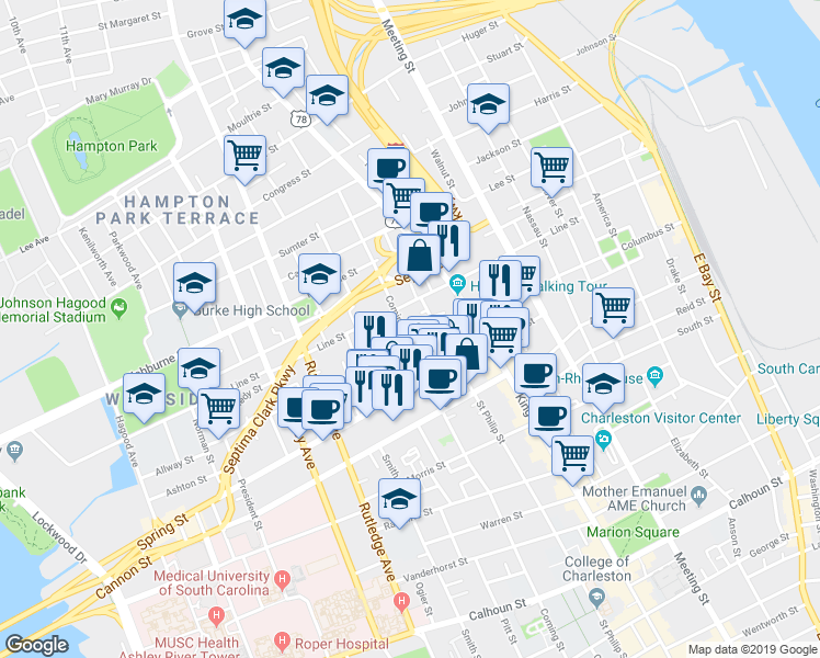 map of restaurants, bars, coffee shops, grocery stores, and more near 13 Bogard Street in Charleston