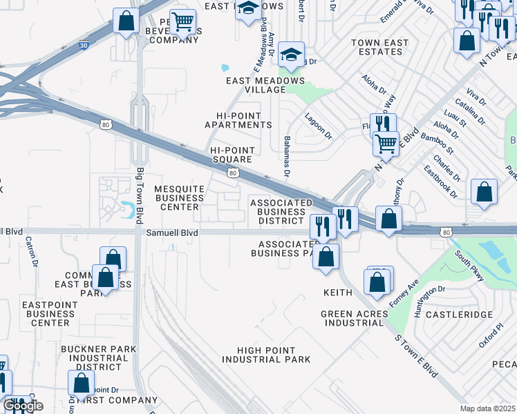 map of restaurants, bars, coffee shops, grocery stores, and more near 4049 Samuell Boulevard in Mesquite