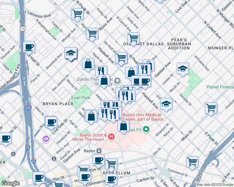 map of restaurants, bars, coffee shops, grocery stores, and more near 1004 North Washington Avenue in Dallas