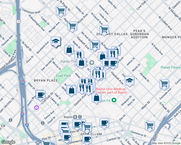 map of restaurants, bars, coffee shops, grocery stores, and more near 1004 North Washington Avenue in Dallas