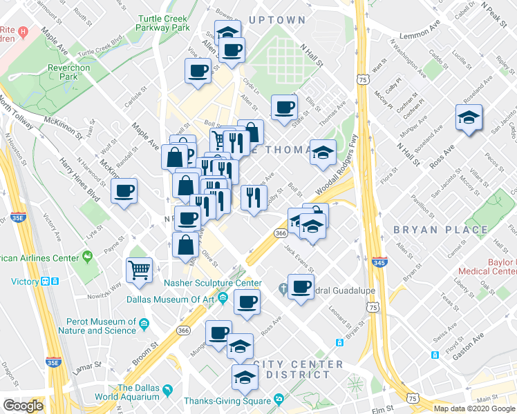 map of restaurants, bars, coffee shops, grocery stores, and more near 2125 Fairmount Street in Dallas