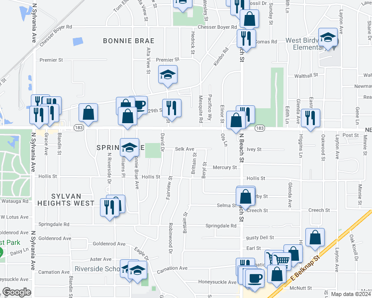 map of restaurants, bars, coffee shops, grocery stores, and more near 2225 Robinwood Drive in Fort Worth