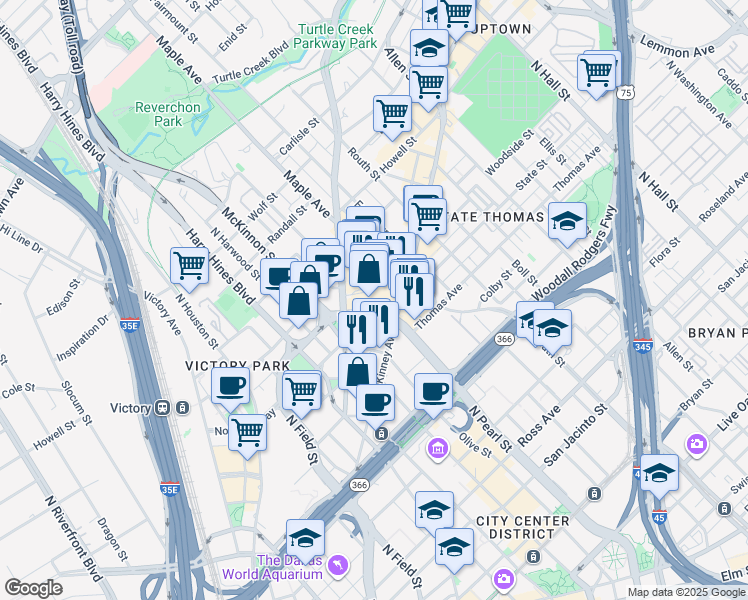 map of restaurants, bars, coffee shops, grocery stores, and more near 200 Crescent Court in Dallas