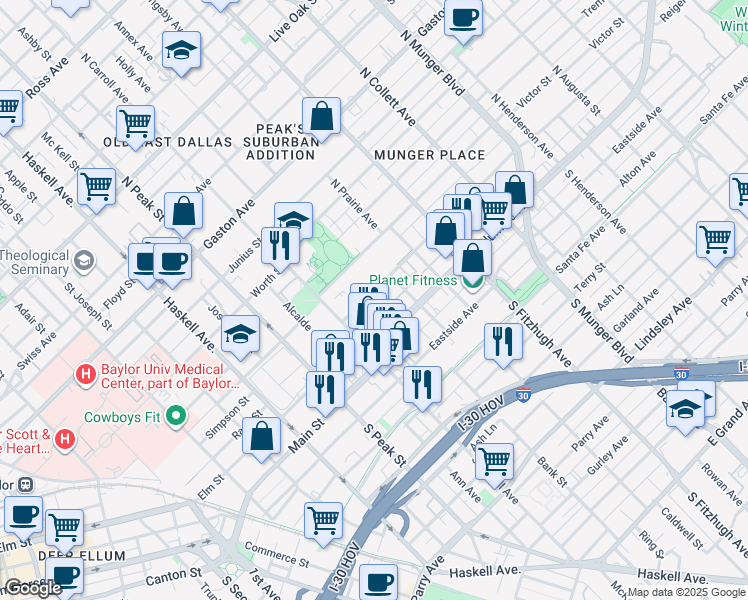 map of restaurants, bars, coffee shops, grocery stores, and more near 4602 Reiger Avenue in Dallas
