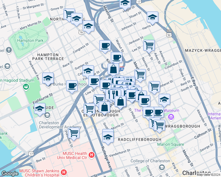 map of restaurants, bars, coffee shops, grocery stores, and more near 260 Coming Street in Charleston