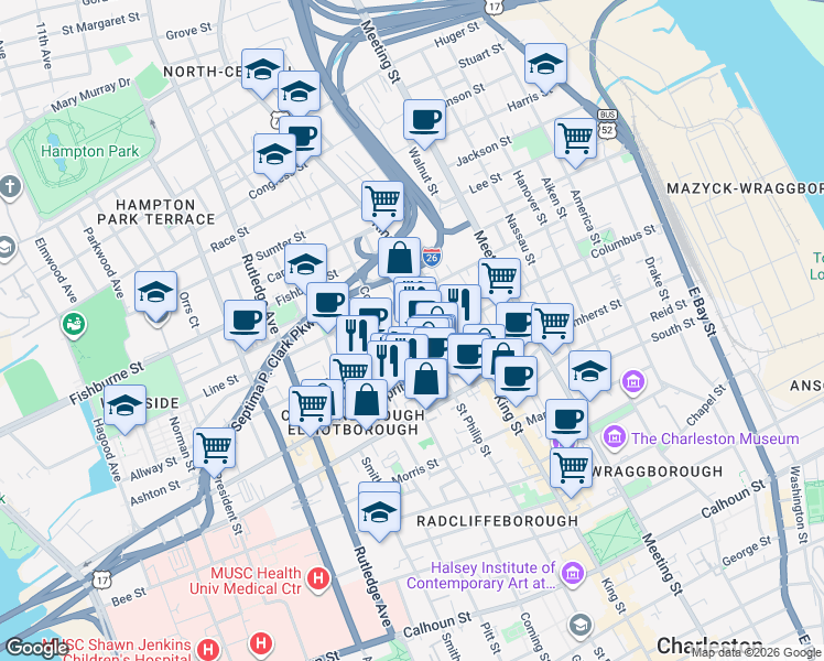 map of restaurants, bars, coffee shops, grocery stores, and more near 233 Saint Philip Street in Charleston