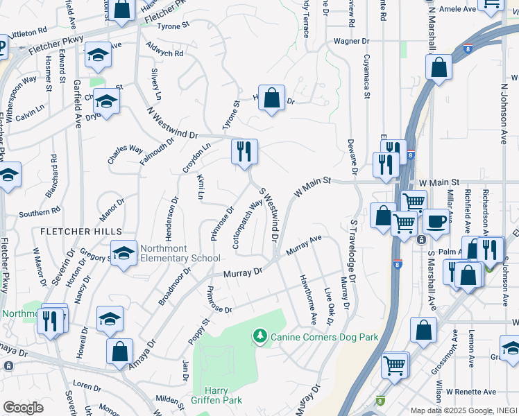 map of restaurants, bars, coffee shops, grocery stores, and more near 275 Hihill Way in El Cajon