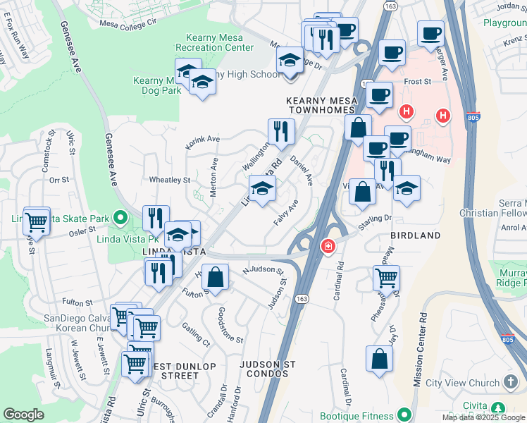 map of restaurants, bars, coffee shops, grocery stores, and more near 7335 Wheatley Street in San Diego