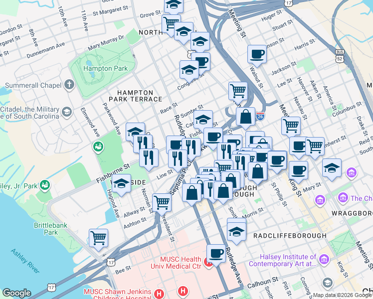 map of restaurants, bars, coffee shops, grocery stores, and more near 280 Rutledge Avenue in Charleston