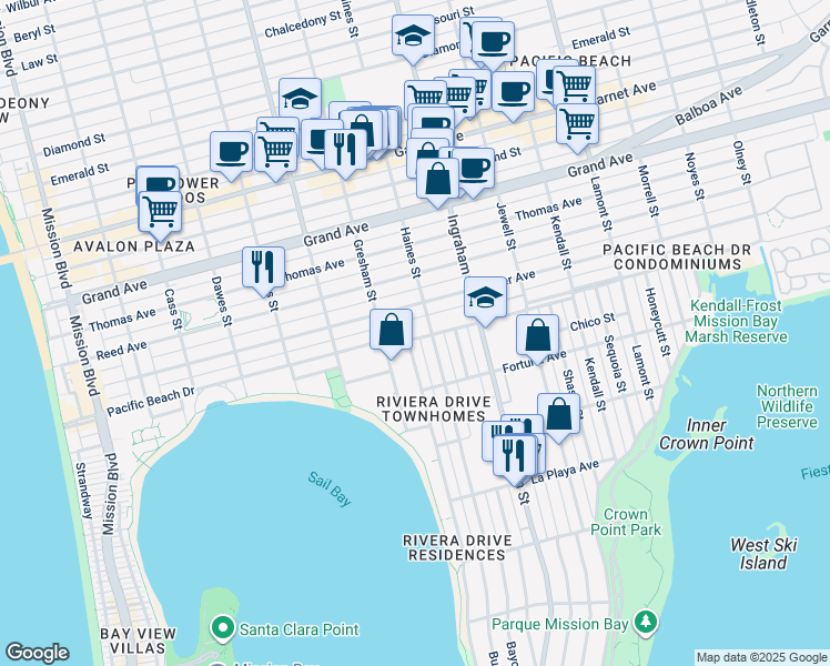 map of restaurants, bars, coffee shops, grocery stores, and more near 1450 Pacific Beach Drive in San Diego