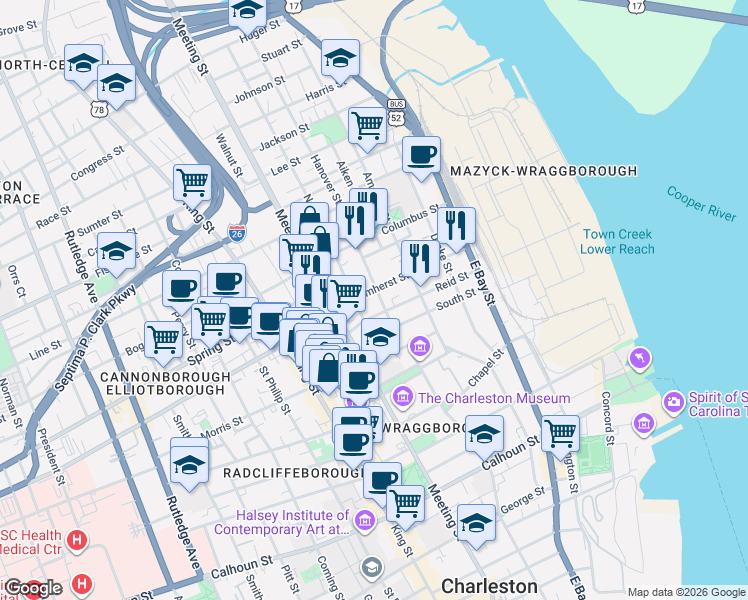 map of restaurants, bars, coffee shops, grocery stores, and more near in Charleston