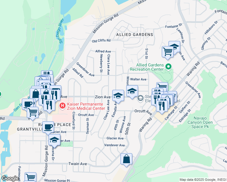 map of restaurants, bars, coffee shops, grocery stores, and more near 6634 Estrella Avenue in San Diego