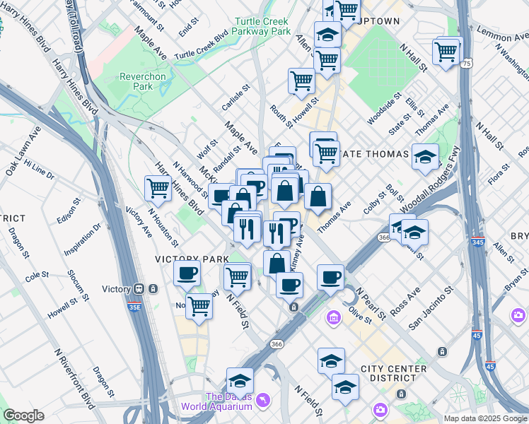 map of restaurants, bars, coffee shops, grocery stores, and more near 2191 Cedar Springs Road in Dallas